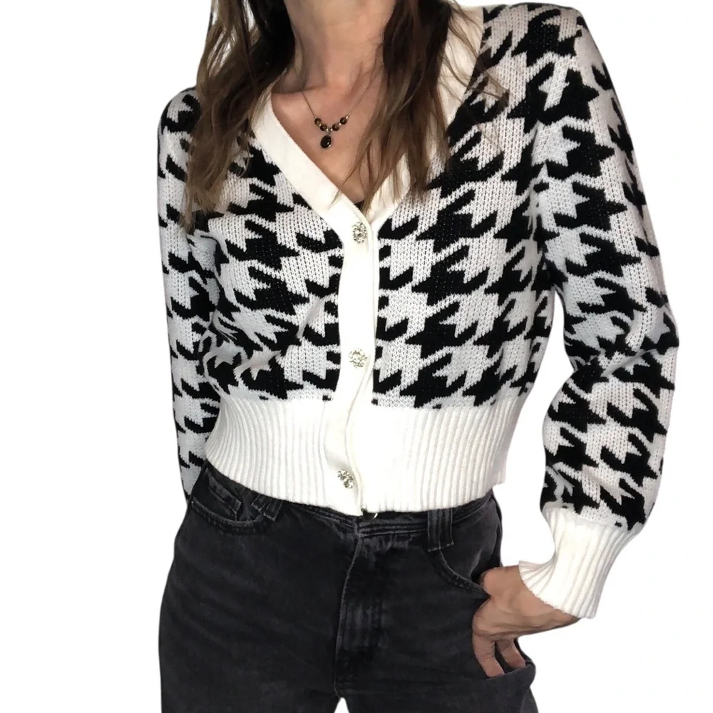 Houndstooth Cropped Jewel Button Cardigan Sweater SzM Cotton Blend Classic Retro